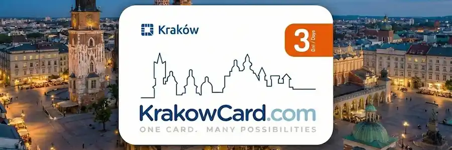 Bannière montrant la KrakowCard 3 jours sur fond de la Grand-Place de Cracovie illuminée la nuit, illustrant le Krakow City Pass pour les visites.