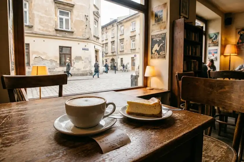 Pause café avec cheesecake et facture sur la table, illustrant le coût de la vie pour un budget voyage à Cracovie.