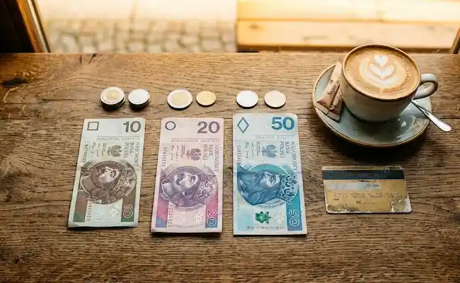 Billets et pièces de Złoty polonais (PLN) posés sur une table pour illustrer le guide sur l'argent et le change pour des conseils pratiques à Cracovie.
