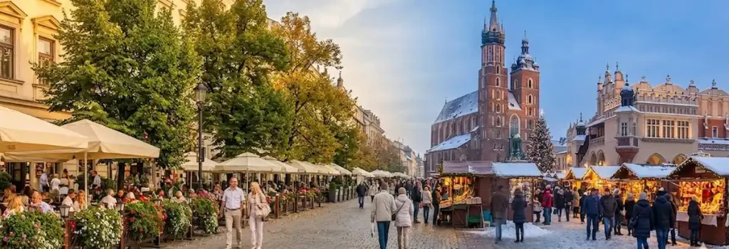 Fresque visuelle de la Place du Marché de Cracovie montrant la transition météo entre l'été ensoleillé, l'automne doré et l'hiver enneigé pour illustrer quand partir à Cracovie.