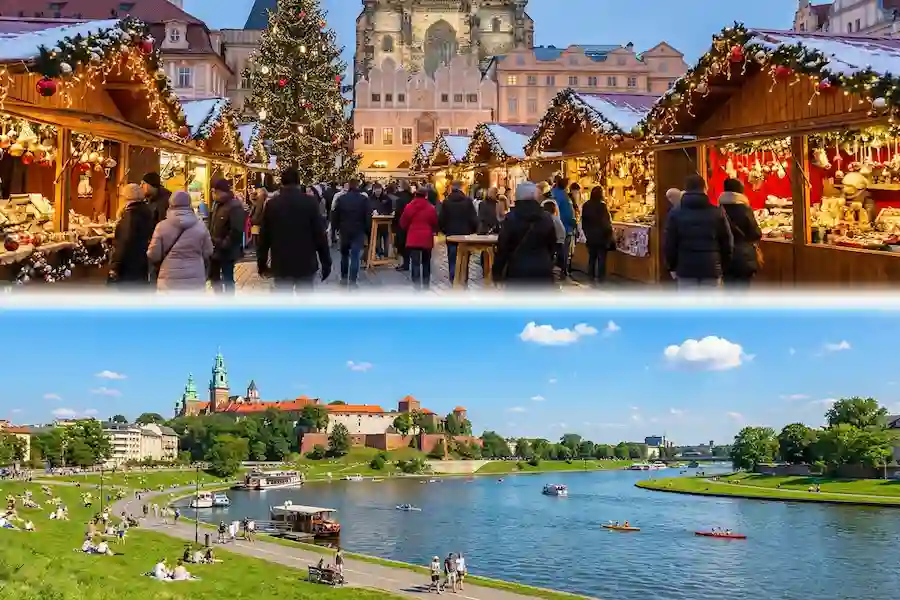 saisons-evenements-a-cracovie-quand-venir Vue double montrant le marché de Noël illuminé en hiver et les bords de la Vistule ensoleillés en été à Cracovie.