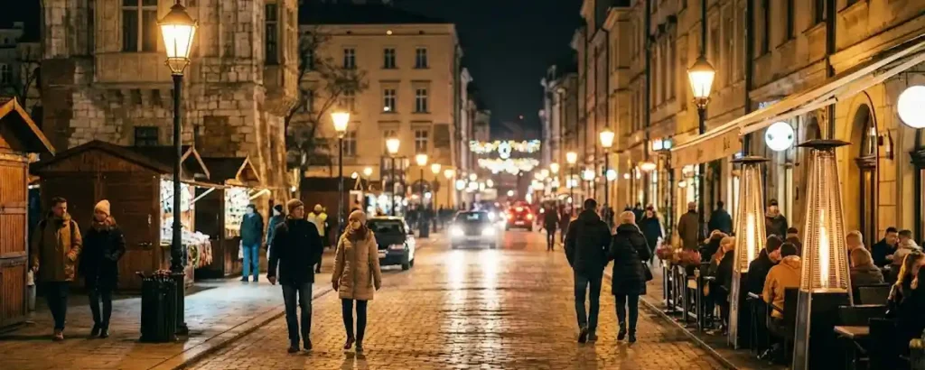 Rue du centre de Cracovie animée et illuminée la nuit, montrant l'ambiance sûre pour sortir le soir et illustrant la sécurité à Cracovie.