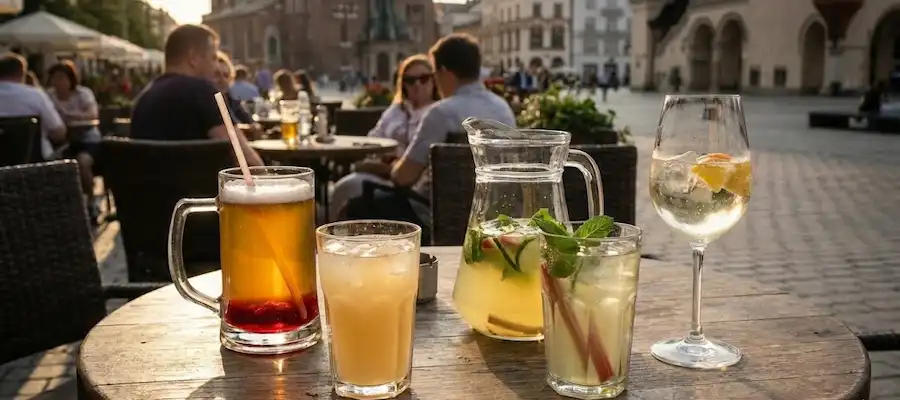 Boissons d'été sur une terrasse de café donnant sur la place du marché (Rynek Główny) à Cracovie, incluant une bière au sirop et de la limonade.
